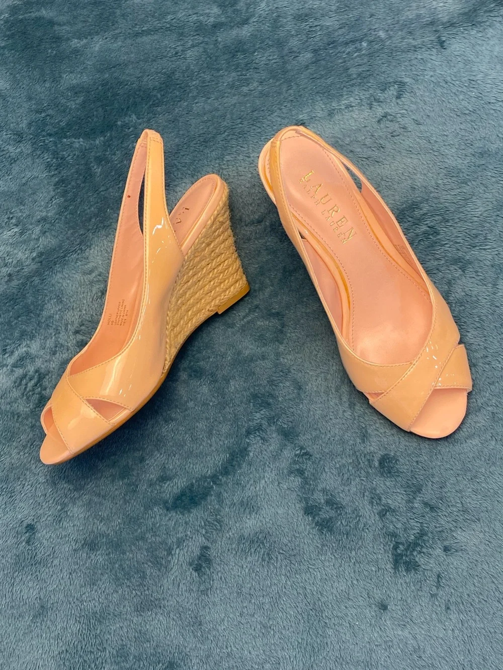 LAUREN RALF LAUREN Peep Toe Wedge Sandals, espadrille leather, 6, Tan Nude